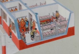 Artist rendering of a barrack compartment housing 8 men
